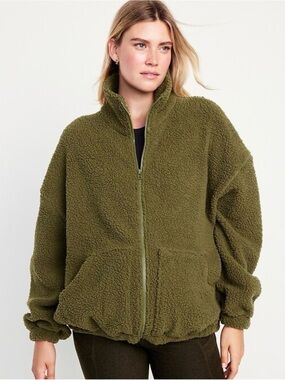 Old Navy Olive Green Teddy Sherpa Zip Jacket
